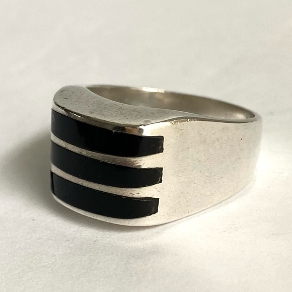 Vintage Sterling Silver Black Onyx Inlay Ring Mexico Heavy Solid Unisex Size 13 - Picture 6 of 15